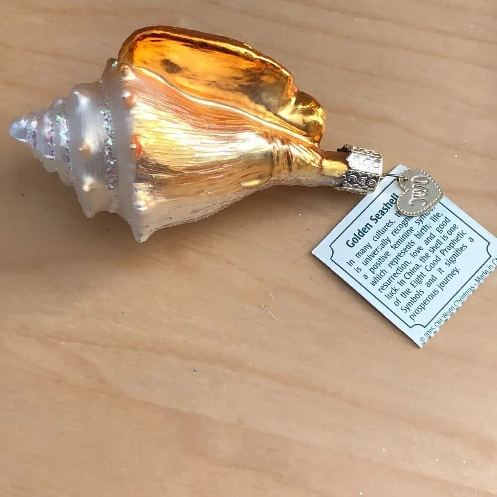Old World Christmas Golden Seashell Blown Glass Ornament Ivory Beach House NEW